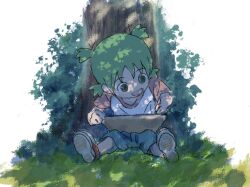 Rule 34 | 1girl, :d, awoi (awoiro7), blue shorts, commentary request, drawing, full body, green eyes, green hair, highres, holding, holding pencil, koiwai yotsuba, open mouth, outdoors, pencil, quad tails, raglan sleeves, shirt, short hair, short sleeves, shorts, sitting, smile, solo, t-shirt, tree, yotsubato!