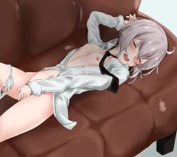 Rule 34 | 1girl, bad id, bad pixiv id, blush, breasts, couch, degarashi pack, dutch angle, closed eyes, female masturbation, girls&#039; frontline, lying, m200 (girls&#039; frontline), masturbation, navel, necktie, no bra, open mouth, panties, panties around leg, short hair, silver hair, small breasts, solo, unbuttoned, unbuttoned shirt, underwear