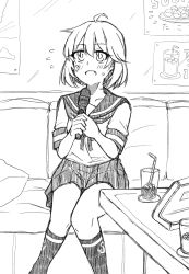 Rule 34 | 1girl, anchor symbol, bandaid, bandaid on face, commentary request, couch, drink, fang, feet out of frame, glass, greyscale, highres, kantai collection, karaoke, kneehighs, lineart, microphone, monochrome, music, oboro (kancolle), pleated skirt, sailor collar, school uniform, serafuku, short hair, singing, sitting, skirt, socks, solo, table, tatahai