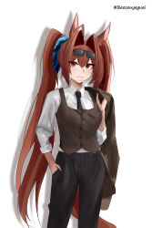 Rule 34 | 1girl, absurdres, alternate costume, animal ears, antenna hair, baozouyeguai, black necktie, black pants, breasts, brown vest, collared shirt, commentary request, daiwa scarlet (umamusume), dress shirt, eyewear on head, fang, hair between eyes, hair intakes, hair ornament, hand in pocket, highres, holding, holding clothes, holding jacket, horse ears, horse girl, horse tail, jacket, long hair, long sleeves, medium breasts, necktie, pants, red eyes, red hair, shadow, shirt, simple background, skin fang, solo, sunglasses, tail, twintails, twitter username, umamusume, unworn jacket, very long hair, vest, white background, white shirt