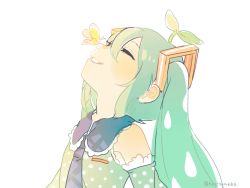 Rule 34 | adapted costume, aqua hair, bug, butterfly, butterfly on nose, eyelashes, from side, hair between eyes, hatsune miku, insect, long hair, necktie, simple background, smile, solo, souno kazuki, sprout on head, twintails, vocaloid, white background