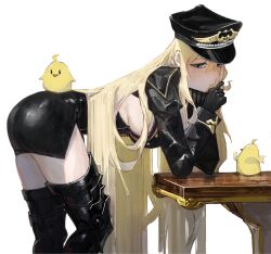 Rule 34 | 1girl, absurdres, armored boots, azur lane, bent over, bird, bismarck (azur lane), bismarck zwei (azur lane), black dress, black footwear, black gloves, black headwear, boots, breasts, buttons, chick, closed mouth, dress, elbow on table, from side, gloves, hat, highres, large breasts, light blush, long hair, long sleeves, looking at viewer, manjuu (azur lane), monmon (sleepymonmon), peaked cap, pencil dress, playing with own hair, short dress, side slit, sideboob, simple background, table, thigh boots, thighhighs, very long hair, white background, zettai ryouiki