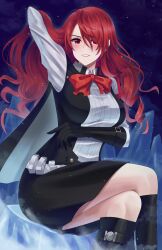 Rule 34 | 1girl, arms behind head, arms under breasts, belt, black cape, black gloves, black skirt, blush, bow, bowtie, breasts, cape, commentary, doiparuni, eyelashes, gekkoukan high school uniform, gloves, hair over one eye, highres, holster, ice, kirijou mitsuru, large breasts, long hair, looking at viewer, night, night sky, on ice, pencil skirt, persona, persona 3, persona 3 reload, red bow, red bowtie, red eyes, red hair, school uniform, sitting, skirt, sky, smile, solo, star (sky), teeth, wavy hair