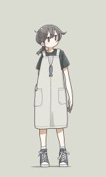Rule 34 | 1girl, black eyes, black shirt, blue footwear, bright pupils, brown hair, east sha2, full body, highres, jewelry, looking away, looking to the side, necklace, original, shirt, shoes, short hair, short ponytail, short sleeves, simple background, sneakers, solo, white pupils
