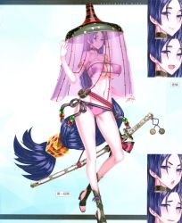 Rule 34 | 1girl, absurdres, armlet, bare shoulders, belt, bikini, blush, breasts, collar, collarbone, covered erect nipples, eyepatch bikini, fate/grand order, fate (series), gradient background, hat, high heels, highres, honjou raita, large breasts, long hair, looking at viewer, minamoto no raikou (fate), minamoto no raikou (fate/grand order), minamoto no raikou (swimsuit lancer) (fate), minamoto no raikou (swimsuit lancer) (first ascension) (fate), navel, official art, page number, parted bangs, purple bikini, purple eyes, purple hair, scan, see-through, sheath, sheathed, simple background, smile, swimsuit, sword, toeless footwear, very long hair, weapon