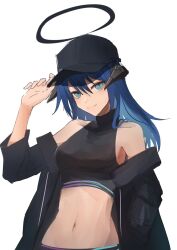 Rule 34 | 1girl, alternate costume, arknights, bare shoulders, baseball cap, black hat, black jacket, black shirt, blue eyes, blue hair, breasts, commentary request, crop top, halo, hat, hetare galm sue, highres, horns, jacket, long hair, long sleeves, looking at viewer, medium breasts, midriff, mostima (arknights), navel, off shoulder, shirt, simple background, sleeveless, sleeveless shirt, smile, solo, stomach, upper body, white background
