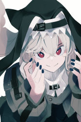 Rule 34 | &gt;:), 1girl, arknights, black dress, black nails, closed mouth, dress, eyebrows hidden by hair, grey hair, habit, hair between eyes, hands up, highres, long sleeves, looking at viewer, nail polish, nun, red eyes, simple background, smile, solo, specter (arknights), tetuw, v-shaped eyebrows, veil, white background