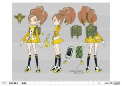 Rule 34 | 1girl, backpack, bag, brown hair, cellphone, character name, character sheet, explosive, food, fruit, girl a (i can friday by day!), grenade, i can friday by day!, japan animator expo, charm (object), multiple views, official art, phone, pineapple, pineapple print, ponytail, quad tails, school uniform, shoes, smartphone, sneakers, star (symbol), sushio, take (illustrator), turnaround, yellow eyes