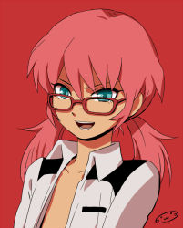 Rule 34 | 1boy, androgynous, bad id, bad pixiv id, bespectacled, clothes, glasses, green eyes, inazuma eleven (series), inazuma eleven go, kirino ranmaru, male focus, mizuhara aki, open clothes, open mouth, open shirt, pink hair, shirt, simple background, solo, trap, twintails, upper body