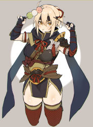 Rule 34 | 1girl, ahoge, armor, black bow, black scarf, blonde hair, blush, bow, breasts, cosplay, dango, danimaru, earrings, fate (series), food, grey background, hair between eyes, hair bow, highres, japanese clothes, jewelry, looking at viewer, monster hunter (series), monster hunter rise, okita souji (fate), okita souji (koha-ace), scarf, short hair, simple background, skindentation, solo, thighhighs, wagashi, yellow eyes