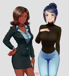 Rule 34 | 2girls, arm at side, artist name, black skirt, blue hair, blush, breasts, brown eyes, brown hair, brown shirt, carlo montie, commentary, cowboy shot, crotch, dark skin, dark-skinned female, denim, english commentary, formal, grey background, grey eyes, hair bun, hair ornament, hairclip, hand on own hip, hand on own chest, jeans, large breasts, looking at viewer, multiple girls, nail polish, office lady, original, pants, pencil skirt, red nails, shirt, simple background, skirt, smile, standing, suit, sweater, tan