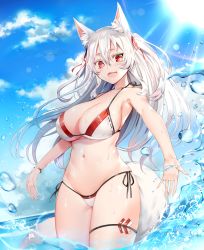 Rule 34 | 1girl, absurdres, animal ear fluff, animal ears, bikini, blue sky, blush, borrowed character, bracelet, breasts, cleavage, cloud, collarbone, cowboy shot, day, fang, feet out of frame, fox ears, fox girl, fox tail, highres, jewelry, large breasts, long hair, navel, open mouth, partially submerged, red eyes, side-tie bikini bottom, sky, solo, sunlight, swimsuit, tail, thigh strap, wading, water, water drop, white hair, yashiro sousaku