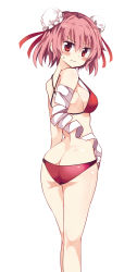 Rule 34 | 1girl, amputee, ass, bandages, bikini, blush, breasts, bun cover, butt crack, closed mouth, double bun, flat ass, hair ribbon, highres, ibaraki kasen, looking at viewer, maturiuta sorato, pink hair, red bikini, red eyes, red ribbon, ribbon, simple background, solo, swimsuit, touhou, wavy mouth, white background