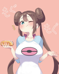Rule 34 | 1girl, absurdres, aqua eyes, blue shirt, blush, bra, breasts, brown hair, closed mouth, collarbone, commentary request, creatures (company), double bun, doughnut hair bun, eating, food, game freak, hair bun, hands up, highres, holding, impossible clothes, korean commentary, large breasts, long hair, looking at viewer, matdoljangin, mixed-language commentary, nintendo, one eye closed, pastry, pink background, pink bra, pokemon, pokemon bw2, rosa (pokemon), shirt, sidelocks, solo, sound effects, twintails, two-tone shirt, underwear, upper body, whipped cream, white shirt