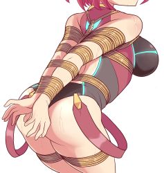 Rule 34 | 1girl, absurdres, ass, bagelbomb, bare shoulders, bdsm, blush, bondage, bound, breasts, competition swimsuit, crotch rope, earrings, gem, hair ornament, headpiece, highres, jewelry, large breasts, long hair, mythra (radiant beach) (xenoblade), mythra (xenoblade), nervous, nintendo, one-piece swimsuit, open mouth, pyra (pro swimmer) (xenoblade), pyra (xenoblade), red hair, shibari, shibari over clothes, short hair, solo, sweat, sweatdrop, swimsuit, tiara, very long hair, wet, xenoblade chronicles (series), xenoblade chronicles 2