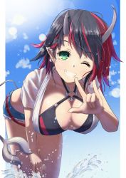 Rule 34 | 1girl, nanashi inc., black hair, blue shorts, blush, breasts, cleavage, commentary request, cowboy shot, crop top, demon girl, demon horns, demon tail, ear piercing, earrings, green eyes, grin, highres, horns, jewelry, large breasts, leaning forward, looking at viewer, m/, multicolored hair, one eye closed, piercing, pillarboxed, pointy ears, red hair, ryugasaki rene, shirt, short hair, short shorts, shorts, smile, solo, sone (cortisone), splashing, sugar lyric, sunlight, tail, two-tone hair, virtual youtuber, water, white shirt