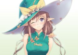 Rule 34 | 1girl, bare shoulders, blush, bow, breasts, brown hair, china dress, chinese clothes, dress, drill hair, frilled hat, frills, gradient background, green dress, hat, hat bow, highres, long hair, long pointy ears, looking at viewer, low twintails, official art, one eye closed, pointy ears, purple eyes, ribbon, rinna mayfield, scrunchie, shining (series), shining resonance, sidelocks, smile, solo, tony taka, turtleneck, twin drills, twintails, upper body, witch, witch hat