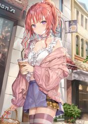 Rule 34 | 1girl, ahoge, architecture, bare shoulders, basket, blurry, blush, breasts, building, choker, cleavage, closed mouth, collarbone, cowboy shot, crop top, cup, day, depth of field, disposable cup, drinking straw, earrings, frilled choker, frills, hair bobbles, hair ornament, heart, highres, holding, holding basket, holding cup, iced coffee, jacket, jewelry, long hair, long sleeves, looking at viewer, midriff, miniskirt, momoko (momopoco), nail polish, off shoulder, open clothes, open jacket, original, outdoors, pink jacket, pink ribbon, plant, ponytail, potted plant, purple eyes, purple nails, purple skirt, purple thighhighs, red hair, ribbon, shirt, sidelocks, sign, skirt, sleeveless, sleeveless shirt, small breasts, solo, standing, striped clothes, striped thighhighs, thighhighs, white shirt, window, zettai ryouiki