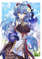 Rule 34 | ahoge, bare shoulders, bell, black gloves, black legwear, blue hair, blue sky, blush, breasts, chinese knot, detached sleeves, field, flower, flower field, flower knot, ganyu (genshin impact), genshin impact, gloves, gold trim, hair flower, hair ornament, highres, holding, holding flower, horns, itou youichi, long hair, looking at viewer, medium breasts, multicolored eyes, neck bell, outdoors, petals, qingxin flower, sidelocks, sky, smile, solo, standing, thighlet, very long hair, vision (genshin impact), waist cape, white flower, white sleeves, wide sleeves