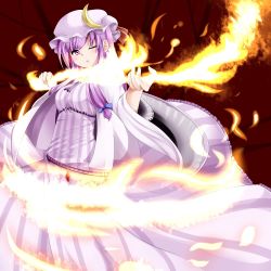 Rule 34 | 1girl, aiming, crescent, female focus, fire, hat, highres, long hair, magic, miki purasu, one eye closed, patchouli knowledge, purple eyes, purple hair, solo, touhou, wink