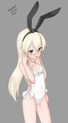 Rule 34 | 1girl, absurdres, black hairband, blonde hair, casual one-piece swimsuit, contrapposto, cosplay, cowboy shot, dated, grey background, grey eyes, hairband, highleg, highleg swimsuit, highres, kantai collection, long hair, maru (marg0613), one-hour drawing challenge, one-piece swimsuit, sagiri (kancolle), sagiri (kancolle) (cosplay), shimakaze (kancolle), simple background, solo, standing, swimsuit, tongue, tongue out, twitter username