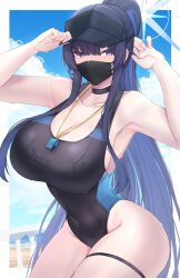 Rule 34 | 1girl, absurdres, armpits, bare shoulders, black hat, blue archive, blue eyes, blush, breasts, choker, collarbone, competition swimsuit, covered navel, half-closed eyes, halo, hat, high ponytail, highres, kanta (kanta 077), large breasts, long hair, looking at viewer, mask, mouth mask, one-piece swimsuit, outside border, saori (blue archive), sidelocks, solo, swimsuit, thigh strap, thighs, two-tone swimsuit, wet, whistle, whistle around neck, wide hips