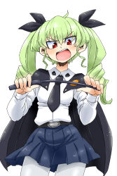 Rule 34 | 10s, 1girl, absurdres, anchovy (girls und panzer), angry, aono3, belt, blue skirt, blush, cape, cowboy shot, dress shirt, drill hair, girls und panzer, green hair, hair ribbon, highres, holding, holding riding crop, long hair, long sleeves, looking at viewer, miniskirt, necktie, open mouth, pantyhose, pleated skirt, red eyes, ribbon, riding crop, school uniform, shirt, skirt, smile, solo, standing, twin drills, twintails, white background, white pantyhose, white shirt