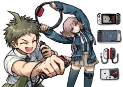 Rule 34 | 1boy, 1girl, :d, absurdres, black shirt, breasts, brown hair, brown skirt, closed eyes, collared shirt, commentary request, controller, danganronpa (series), danganronpa 2: goodbye despair, flipped hair, hair ornament, hairclip, handheld game console, happy, highres, hinata hajime, jacket, large breasts, long sleeves, looking at viewer, miniskirt, monokuma, nanami chiaki, nintendo switch, open mouth, pink eyes, pink hair, playing games, pleated skirt, ribbon, ring fit adventure, school uniform, shirt, shirt tucked in, short hair, sketch, skirt, smile, teeth, thigh strap, thighhighs, upper teeth only, white background, white shirt, youko-shima, zettai ryouiki
