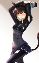 Rule 34 | 10s, 1girl, absurdres, anchor symbol, arms up, black bodysuit, black skirt, blush, bodysuit, breasts, brown hair, cat tail, clothes writing, corset, frown, gradient background, hair between eyes, hairband, hatsuzuki (kancolle), highres, kantai collection, kemonomimi mode, looking at viewer, miniskirt, mouth hold, nekodayo22, pleated skirt, pointy hair, ribbon, ribbon in mouth, school uniform, serafuku, shirt, shirt over head, unworn shirt, skirt, small breasts, solo, tail, torn bodysuit, torn clothes, undressing, white ribbon, white shirt, yellow eyes