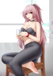 Rule 34 | 1girl, absurdres, ambriel (arknights), arknights, ass, bare shoulders, barefoot, black bra, black choker, black leggings, bra, breasts, casperrin, choker, closed mouth, collarbone, cup, detached wings, energy wings, food, grey eyes, halo, highres, holding, holding cup, indoors, large breasts, leggings, long hair, looking at viewer, mouth hold, navel, on chair, one side up, pink hair, pocky, sitting, solo, strapless, strapless bra, underwear, very long hair, window, wings, wristband