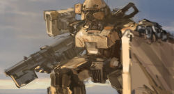Rule 34 | clenched hand, gun, highres, holding, holding gun, holding shield, holding weapon, looking ahead, mecha, military, no humans, one-eyed, original, robot, shield, sky, solo, weapon, xerbatt