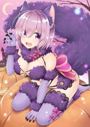 Rule 34 | 1girl, animal ears, bad id, bad pixiv id, bare shoulders, between legs, blush, boots, bow, breasts, castle, claw pose, cleavage, crescent moon, detached collar, eyes visible through hair, fangs, fate/grand order, fate (series), full body, fur-trimmed boots, fur collar, fur trim, gloves, hand between legs, hand up, jack-o&#039;-lantern, kneeling, lace, large breasts, leaning forward, looking at viewer, mash kyrielight, mash kyrielight (dangerous beast), moon, nomu ra nomu, official alternate costume, pink bow, pink footwear, pink gloves, pink hair, pink sky, pumpkin, revealing clothes, short hair, sky, solo, tail, tareme, thigh boots, thighhighs, wolf ears, wolf tail