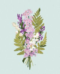 Rule 34 | blue background, bouquet, commentary, english commentary, fern, flower, forget-me-not (flower), highres, leaf, libbyframe, lilac, lily of the valley, no humans, original, plant, purple flower, signature, simple background, still life, white flower