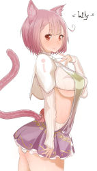 Rule 34 | 1girl, animal ears, bad id, bad pixiv id, blush, breasts, capelet, cat ears, cat tail, covered erect nipples, crop top, highres, large breasts, midriff, original, perky breasts, pink hair, red eyes, shiny skin, short hair, skirt, smile, solo, tail, underboob, yaman (yamanta lov)