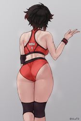 Rule 34 | 1girl, ass, back, black hair, bluefield, buruma, facing away, grey background, highres, knee pads, multicolored hair, red hair, ruby rose, rwby, short hair, simple background, solo, sports bra, sportswear, streaked hair, sweat, thighs, volleyball uniform
