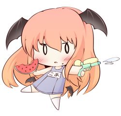 Rule 34 | 0 0, 1girl, :o, bad id, bad pixiv id, bat wings, blush, chibi, detached wings, food, food on face, fruit, full body, head wings, koakuma, long hair, low wings, one-piece swimsuit, red hair, school swimsuit, simple background, solo, standing, standing on one leg, swimsuit, touhou, uruc, very long hair, water gun, watermelon, white background, wings