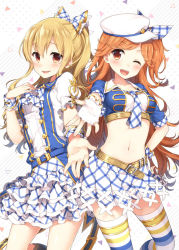 Rule 34 | 2girls, ;d, ascot, bad id, bad pixiv id, black socks, blonde hair, blue shirt, blush, bow, breasts, brown hair, character request, clarisse (granblue fantasy), collarbone, collared shirt, crop top, fingerless gloves, gloves, gold trim, granblue fantasy, hair between eyes, hair bow, hair ribbon, hand on own hip, hat, head tilt, kneehighs, layered skirt, long hair, masuishi kinoto, medium breasts, multiple girls, one eye closed, open mouth, outstretched arm, parted lips, peaked cap, plaid, plaid bow, plaid neckwear, plaid ribbon, plaid skirt, pleated skirt, puffy short sleeves, puffy sleeves, reaching, reaching towards viewer, red eyes, ribbon, shirt, short sleeves, skirt, smile, socks, striped clothes, striped legwear, striped thighhighs, thighhighs, very long hair, vira (granblue fantasy), white ascot, white bow, white gloves, white hat, white ribbon, white shirt, white skirt