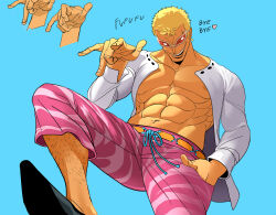 Rule 34 | 1boy, abs, absurdres, arm up, blonde hair, capri pants, donquixote doflamingo, earrings, english text, from below, grin, hand in pocket, heart, highres, inkiedraws, jewelry, leg hair, looking at viewer, male focus, muscular, muscular male, navel, one piece, open clothes, pants, pectorals, shirt, short hair, smile, sunglasses, teeth, upper teeth only, white shirt