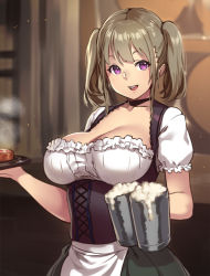 Rule 34 | 1girl, :d, alcohol, apron, barrel, beer, beer mug, blurry, breasts, brown hair, choker, cleavage, collarbone, cowboy shot, cross-laced clothes, cup, depth of field, dirndl, food, frilled sleeves, frills, german clothes, houtengeki, indoors, large breasts, looking at viewer, meat, mug, oktoberfest, open mouth, original, parted lips, plate, puffy short sleeves, puffy sleeves, purple eyes, round teeth, short hair, short sleeves, short twintails, sidelocks, smile, solo, steak, steam, teeth, twintails, underbust, waist apron