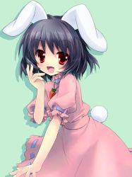 Rule 34 | 1girl, animal ears, black hair, carrot necklace, female focus, gotou nao, inaba tewi, jewelry, necklace, rabbit ears, rabbit girl, rabbit tail, red eyes, short hair, simple background, solo, standing, tail, touhou
