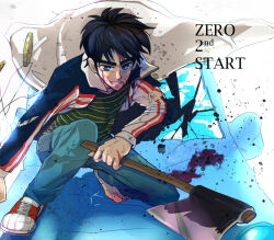 Rule 34 | 1boy, axe, black hair, blood, blood on face, blue eyes, blue jacket, blue pants, commentary request, full body, green shirt, grin, holding, holding axe, jacket, letterman jacket, looking at viewer, male focus, medium bangs, pants, red footwear, shirt, shoes, short hair, single shoe, smile, sneakers, solo, squatting, striped clothes, striped jacket, striped shirt, t k g, tobaku haouden zero, toenails, ukai zero, white background, white jacket