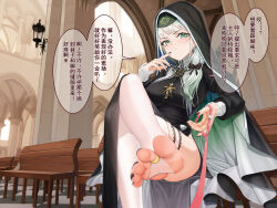 Rule 34 | 1girl, absurdres, black bow, black dress, black nails, bow, breasts, bridal legwear, chinese commentary, chinese text, church, clothing cutout, commentary request, convenient leg, crossed legs, dress, eyelashes, feet, finger to mouth, foot focus, foot out of frame, foot up, green eyes, grey hair, habit, hair bow, hair over shoulder, highres, holding, holding clothes, holding leash, impossible clothes, impossible dress, indie virtual youtuber, indoors, jewelry, lace trim, large breasts, leash, legs, long hair, long sleeves, looking at viewer, nail polish, necklace, no shoes, nun, on chair, parasister (vtuber), ponytail, presenting foot, saliva, see-through, see-through legwear, side cutout, single thighhigh, sitting, soles, solo, speech bubble, spread toes, thighhighs, toenail polish, toenails, toes, translation request, variant set, virtual youtuber, white thighhighs, xo (xo17800108)