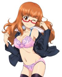 Rule 34 | 1girl, armpit peek, black thighhighs, blush, bra, breasts, brown eyes, cleavage, closed mouth, collarbone, girls und panzer, glasses, kayabakoro, large breasts, lingerie, long hair, looking at viewer, military, military uniform, navel, one eye closed, ooarai military uniform, orange hair, panties, pink bra, pink panties, simple background, smile, solo, takebe saori, thighhighs, underwear, uniform, white background