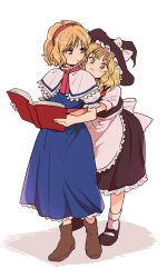 Rule 34 | 2girls, alice margatroid, apron, black dress, black footwear, blonde hair, blue dress, book, boots, bow, brown footwear, capelet, discowars, dress, frilled dress, frills, hairband, hat, hat bow, holding, holding book, hug, hug from behind, kirisame marisa, looking at another, mary janes, multiple girls, pink eyes, pink hairband, puffy short sleeves, puffy sleeves, sash, shadow, shoes, short hair, short sleeves, touhou, waist apron, white background, white bow, white legwear, witch hat, yellow eyes