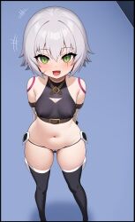 Rule 34 | 1girl, absurdres, bandaged arm, bandages, bare shoulders, black panties, black thighhighs, black vest, blush, boots, breasts, cameltoe, cleft of venus, covered erect nipples, cropped vest, facial scar, fate/apocrypha, fate/grand order, fate (series), green eyes, grimgrim, hair between eyes, highres, jack the ripper (fate/apocrypha), looking at viewer, navel, open mouth, panties, scar, scar across eye, scar on cheek, scar on face, short hair, shoulder tattoo, small breasts, smile, solo, stomach, tattoo, thigh boots, thighhighs, thighs, underwear, vest, white hair