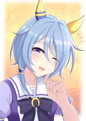 Rule 34 | 1girl, ;d, animal ears, blue eyes, blue hair, bow, bowtie, commentary request, ear covers, highres, horse ears, horse girl, k.s.miracle (umamusume), looking at viewer, missan sun, one eye closed, open mouth, partial commentary, puffy short sleeves, puffy sleeves, purple bow, purple bowtie, purple serafuku, purple shirt, sailor collar, sailor shirt, school uniform, serafuku, shirt, short hair, short sleeves, smile, solo, tracen school uniform, umamusume