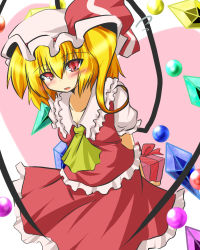 Rule 34 | 1girl, bad id, bad pixiv id, blonde hair, blush, bow, crystal, dress, fang, female focus, flandre scarlet, gift, goma (gomasamune), hair bow, hat, highres, open mouth, red eyes, short hair, shy, side ponytail, solo, orb, embodiment of scarlet devil, thighhighs, touhou, wings