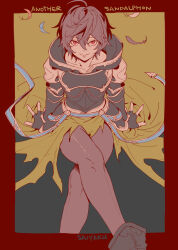 Rule 34 | 1boy, ahoge, artist name, belt, bishounen, blue belt, blue feathers, brown feathers, brown hair, cape, commentary, commentary request, crossed legs, empty eyes, english text, evil smile, feathers, fingerless gloves, full body, gloves, granblue fantasy, green cape, hair between eyes, highres, hood, leaning back, light smile, looking at viewer, messy hair, multicolored background, pants, red background, red eyes, red feathers, sandalphon (granblue fantasy), short hair, sitting, smile, tekki (tki), tight clothes, tight pants, white feathers