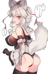 Rule 34 | 1girl, animal ear fluff, animal ears, ass, bare shoulders, black gloves, black thighhighs, blush, breasts, commentary request, cowboy shot, detached sleeves, elbow gloves, gloves, hat, highres, inubashiri momiji, large breasts, looking at viewer, one-piece swimsuit, open mouth, red eyes, silver hair, simple background, solo, speech bubble, swimsuit, tail, thighhighs, tokin hat, touhou, translated, tsukeo, white background, wolf ears, wolf girl, wolf tail