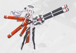 Rule 34 | 1girl, breasts, cancell, closed mouth, eyebrows, hair ornament, hand up, highres, holding, holding weapon, long hair, looking at viewer, mecha musume, original, solo, twintails, weapon, white hair, yellow eyes